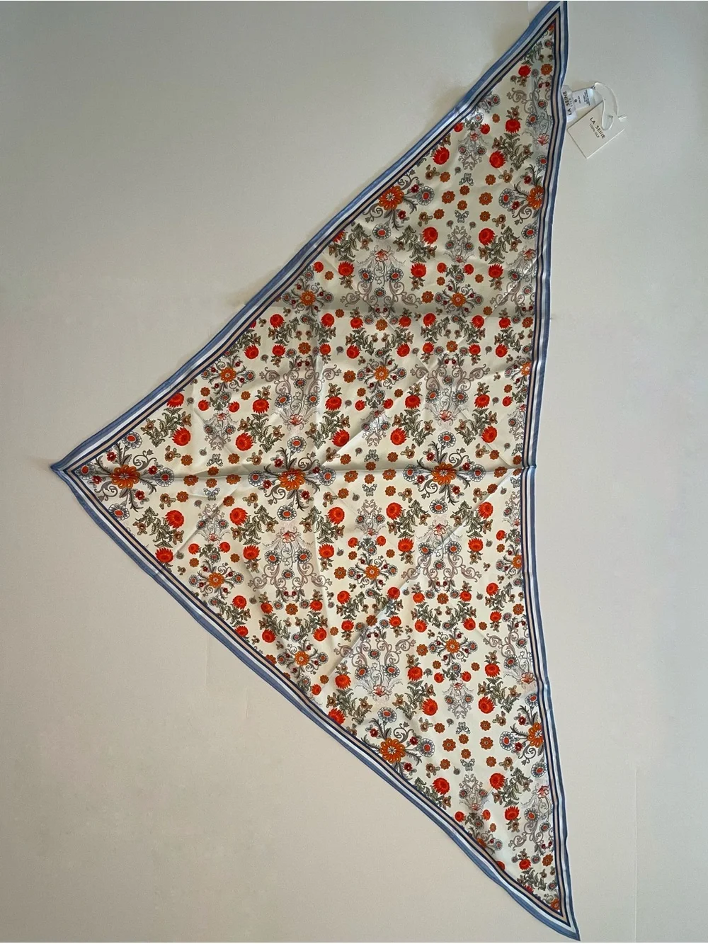 NWT La Seine 100% Silk Floral Triangle Scarf Blue Orange  Oversized